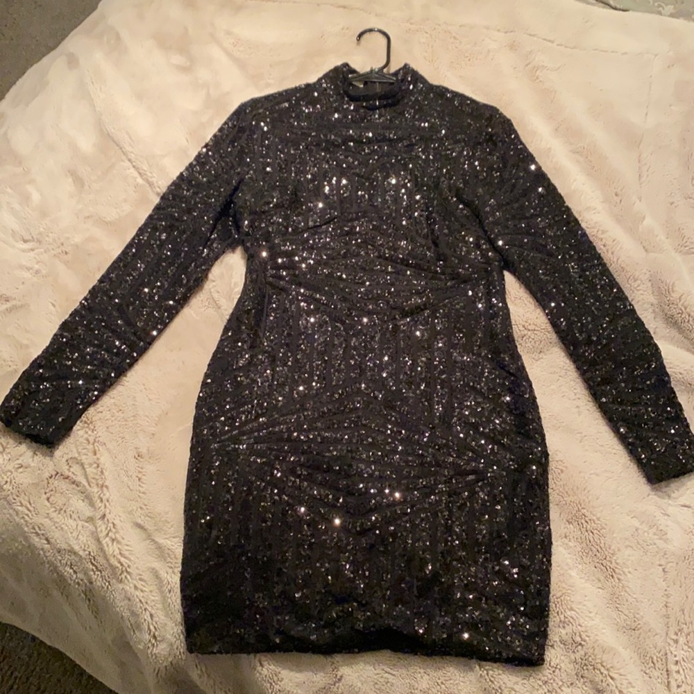 House of CB Black Long Sleeve Sequin Bodycon Dress